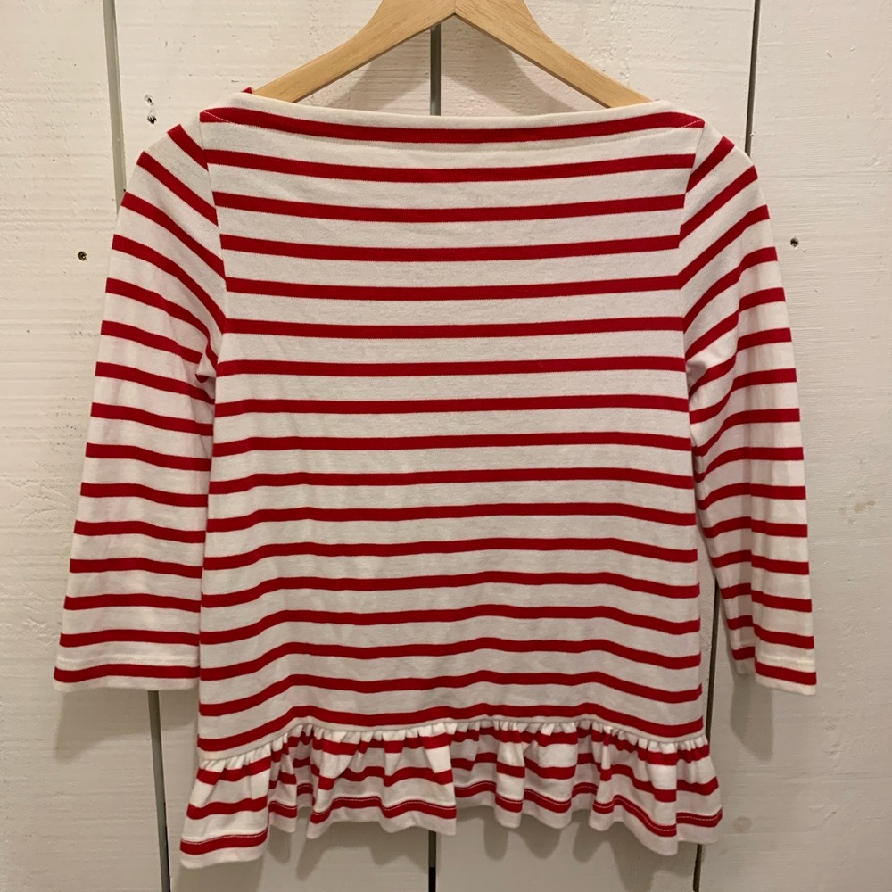 Kate Spade Red and White Striped Boatneck Top with back ruffle xs